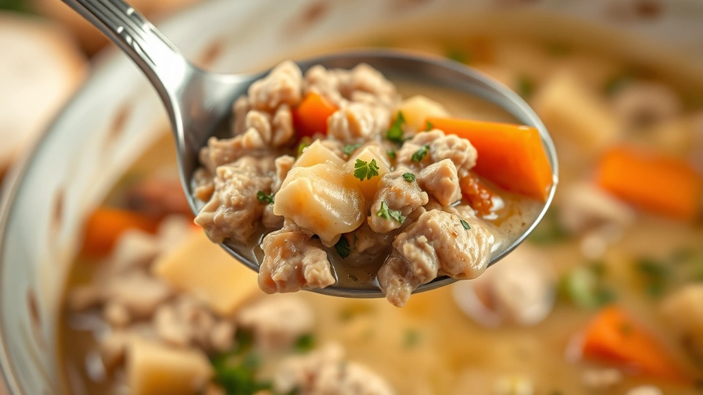 detail: close-up of spoon lifting creamy ground turkey soup with visible vegetables and herbs, shallow depth of field, warm lighting, no text