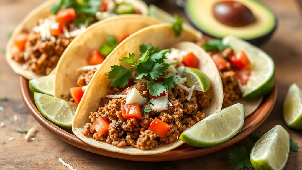hero: beautifully plated ground turkey tacos with fresh cilantro, diced tomatoes, shredded cheese, sliced avocado, and lime wedges, photorealistic, natural daylight, no text