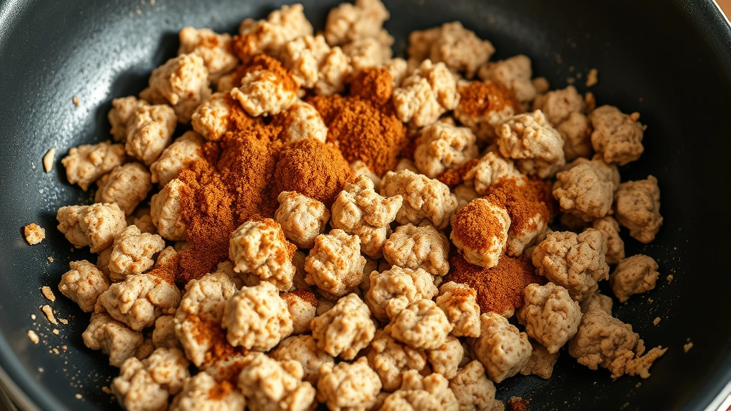 process: seasoned ground turkey sizzling in a skillet with cumin and spices, photorealistic, natural kitchen lighting, no text