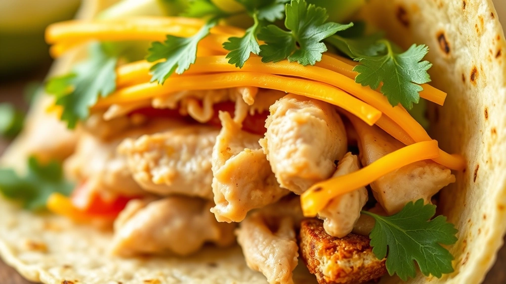 detail: close-up of a single taco with layers of turkey, cheese, cilantro, and avocado, photorealistic, natural light, no text