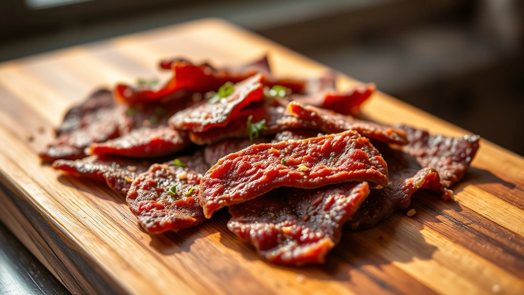 hero: finished ground venison jerky strips arranged on a wooden board with garnish of fresh cracked pepper and herbs, warm natural window light, shallow depth of field, appetizing and rustic presentation