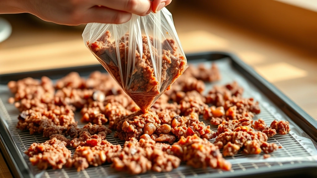 process: hands piping marinated ground venison mixture onto dehydrator tray using piping bag, close-up action shot, warm natural kitchen light, showing the texture and color of the raw jerky mixture