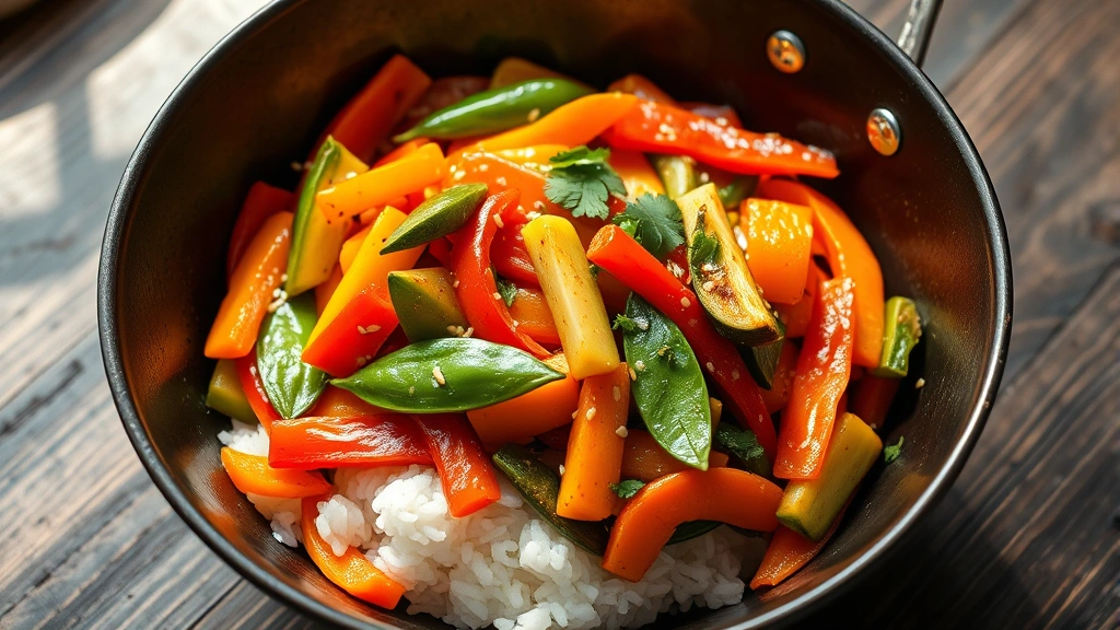 hero: colorful garden vegetable stir fry in a wok, steaming hot, vibrant bell peppers, snap peas, zucchini, and carrots glistening with sauce, served over white rice in a dark ceramic bowl, garnished with sesame seeds and cilantro, natural sunlight streaming from left, rustic wooden table background, professional food photography, no text, appetizing and fresh