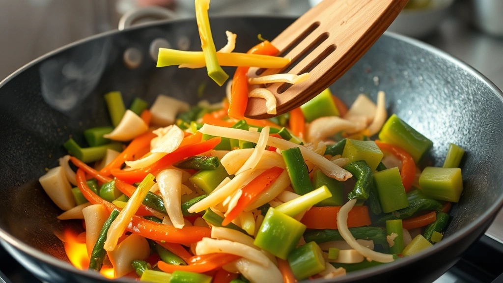 process: close-up action shot of vegetables being tossed in a hot wok with a wooden spatula, steam rising, garlic and ginger visible, high heat flames underneath, vegetables mid-air, dynamic motion, natural kitchen lighting, professional cooking technique demonstration, no text