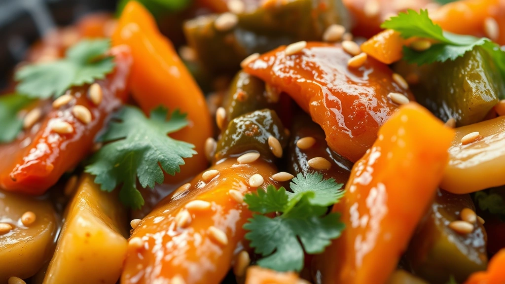 detail: extreme close-up macro shot of finished stir fry showing individual vegetables coated in glossy sauce, sesame seeds, fresh cilantro leaves, steam wisps, shallow depth of field focusing on texture and shine, natural light, vibrant colors, food magazine quality, no text