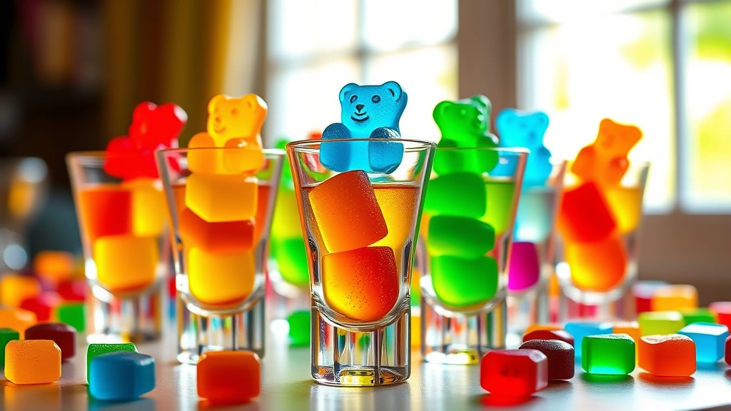 hero: colorful gummy bear shots in clear shot glasses with frozen gummy bears on rim, vibrant candies, party setting, bright natural daylight from window, no text or watermarks