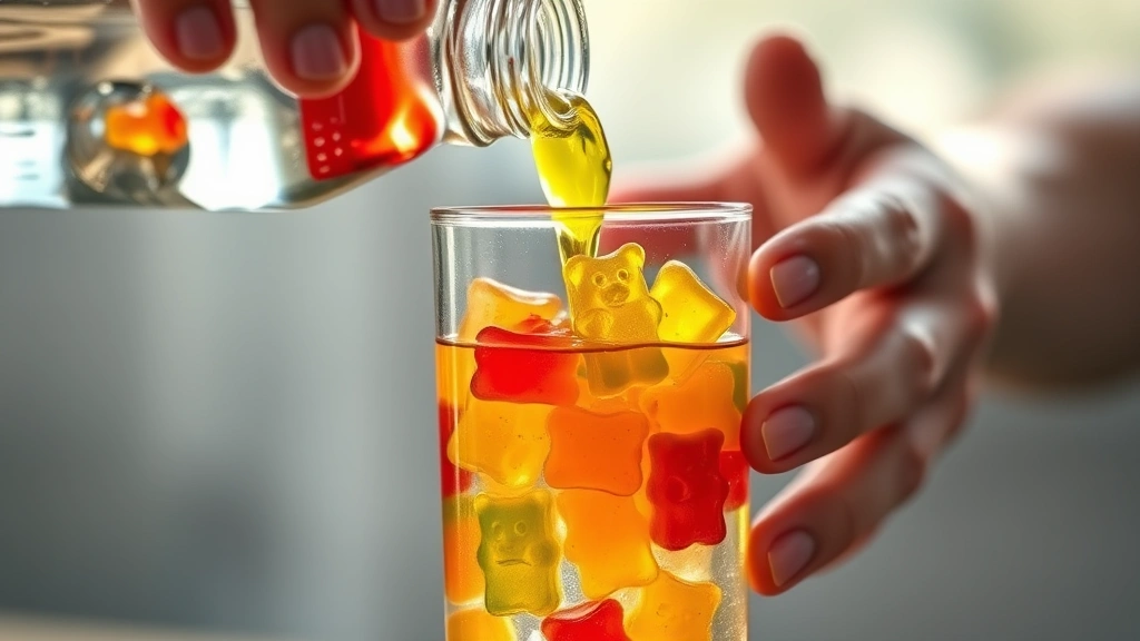 process: close-up of gummy bears being poured into clear vodka bottle, infusion process, hands visible, natural sunlight streaming through glass, no text