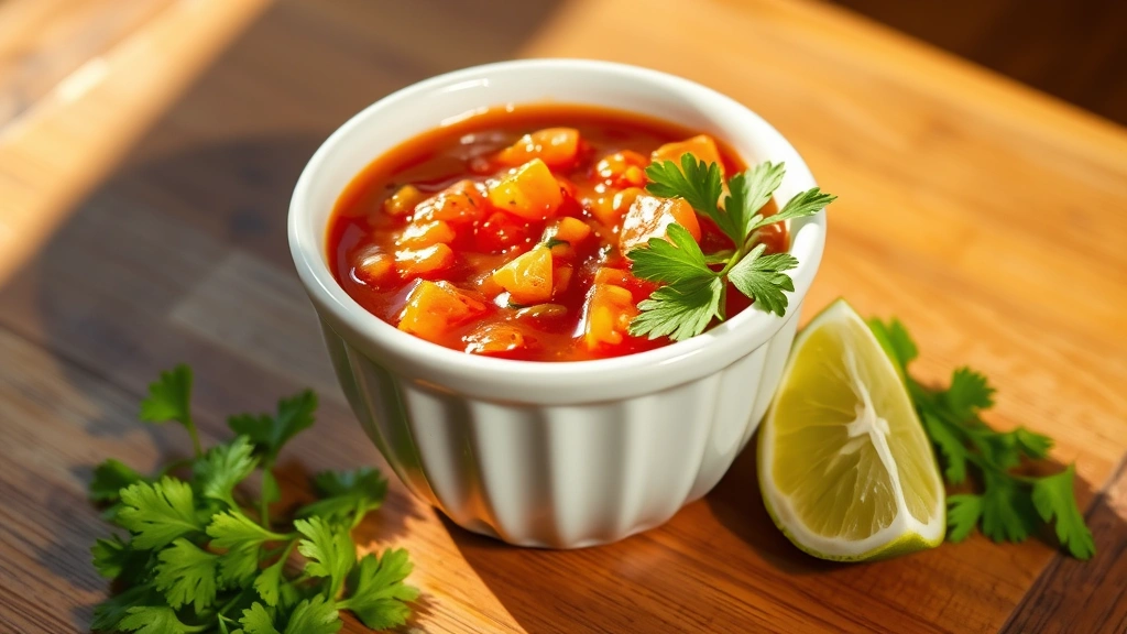 hero: vibrant habanero pepper salsa in white ceramic bowl, fresh cilantro garnish, lime wedge beside, warm sunlight streaming in, wooden table surface, photorealistic, natural light, no text