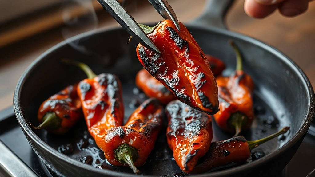 process: charred habanero peppers sizzling on dark cast iron skillet, visible char marks and blisters, tongs lifting one pepper, smoke wisping up, photorealistic, natural light, no text