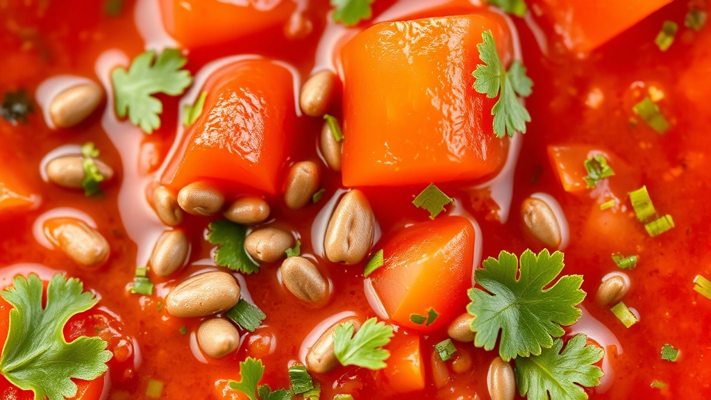 detail: close-up cross-section of fresh habanero salsa showing seeds and pepper pieces, bright red tomato chunks, green cilantro flecks, vibrant and fresh, photorealistic, natural light, no text