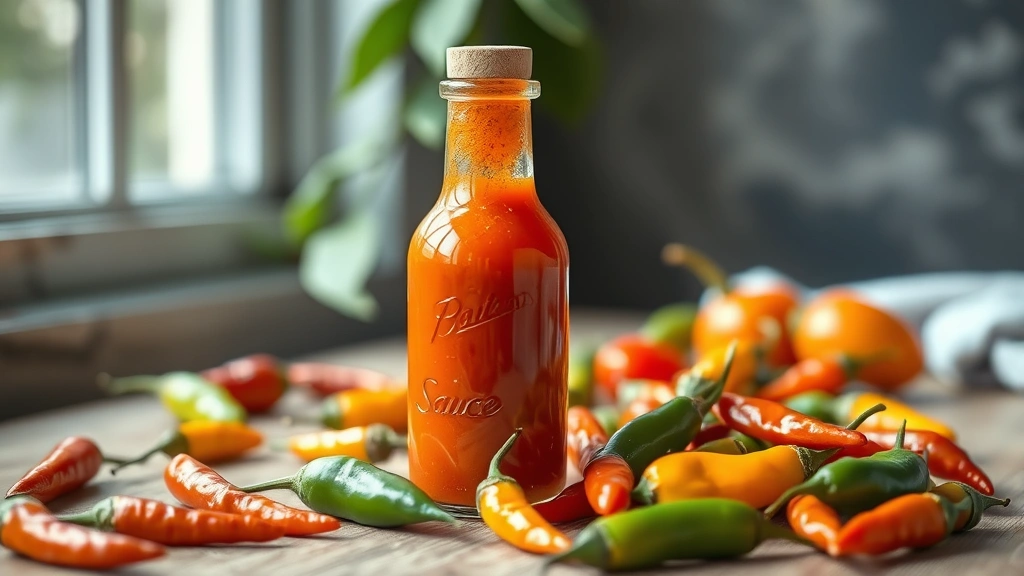 hero: vibrant homemade habanero hot sauce in a clear glass bottle with roasted habanero peppers scattered nearby, photorealistic, natural window light, no text, professional food photography style