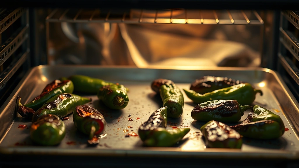 process: chef roasting fresh habanero peppers on a baking sheet in oven with visible char and blister, photorealistic, natural warm lighting, no text