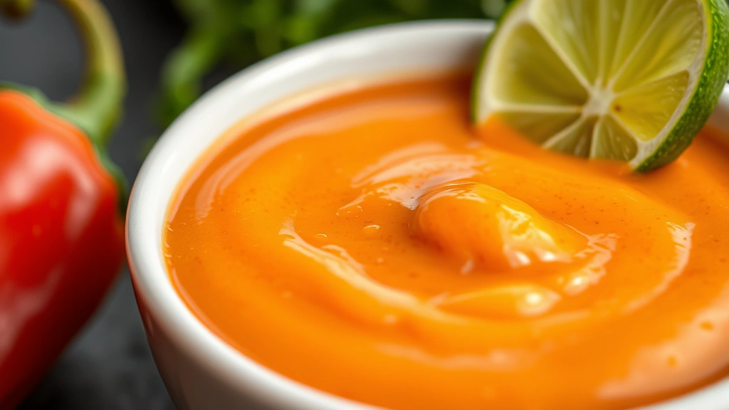 detail: close-up of smooth habanero hot sauce texture in a white ceramic bowl with fresh lime wedge and habanero pepper beside it, photorealistic, macro photography, natural daylight, no text