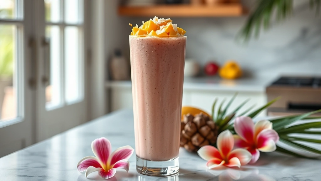 hero: Hailey Bieber smoothie in a tall glass, creamy tropical pink color, topped with fresh mango and coconut flakes, condensation on glass, sitting on marble countertop with tropical flowers and fresh fruit around it, photorealistic, natural window lighting, no text