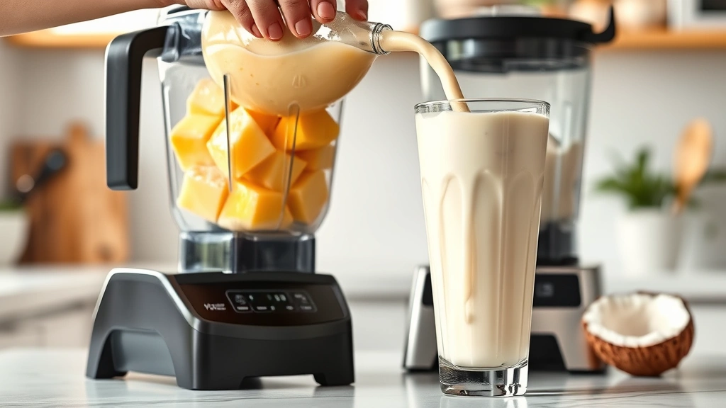 process: pouring creamy smoothie mixture from high-powered blender into tall glass, frozen mango and banana visible inside blender, coconut milk dripping down side of glass, bright kitchen setting, photorealistic, natural lighting, no text