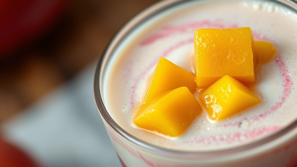 detail: close-up of finished Hailey Bieber smoothie showing creamy texture, fresh mango chunks garnish on top, condensation droplets on glass, tropical pink and cream swirl, macro photography style, photorealistic, natural light, no text