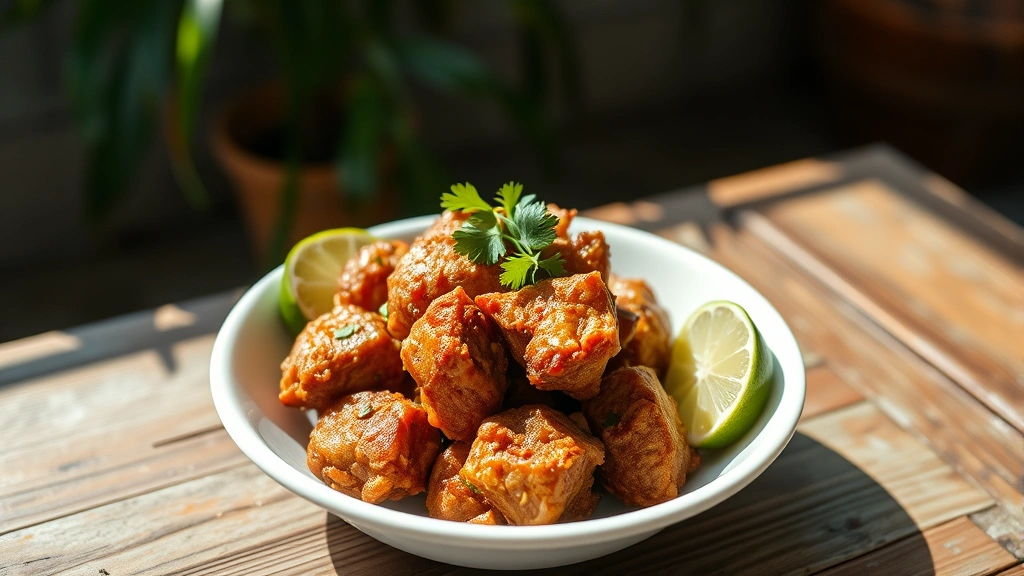 hero: golden-brown crispy haitian griot pork in a white bowl with fresh lime wedges and cilantro garnish, Caribbean setting, natural sunlight, rustic wooden table, photorealistic, no text
