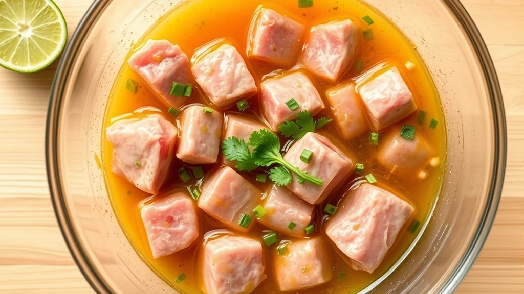 process: marinating raw pork cubes in vibrant citrus marinade with lime juice, garlic, and scotch bonnet peppers in glass bowl, overhead shot, natural light, photorealistic, no text