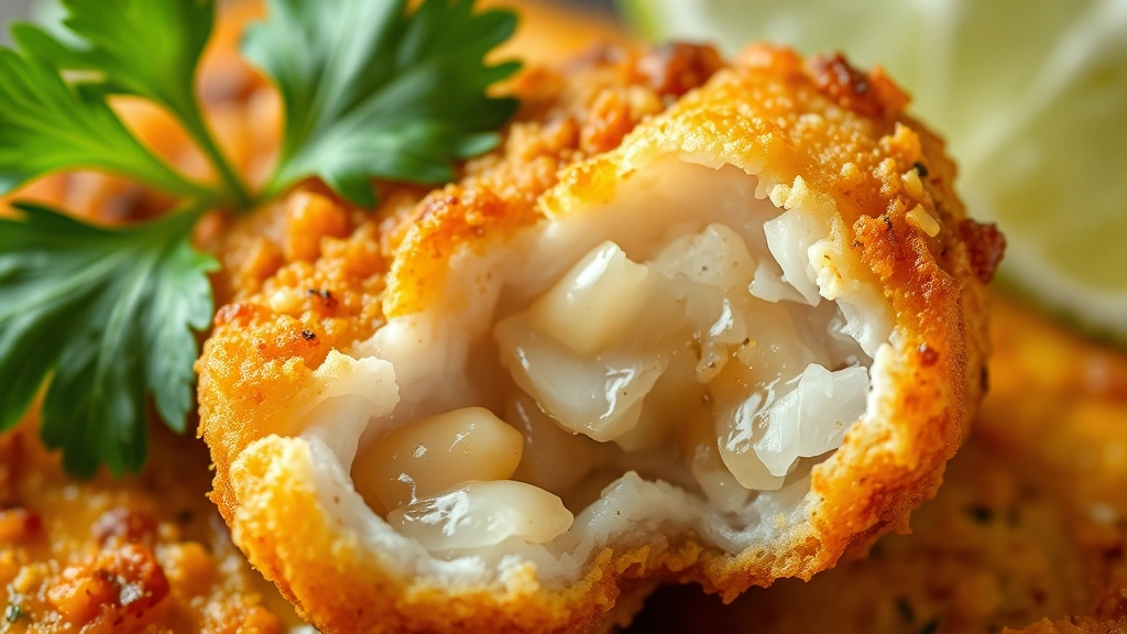 detail: close-up of single piece of golden-fried griot showing crispy exterior and tender juicy interior, fresh cilantro leaf, lime wedge, photorealistic macro, natural lighting, no text
