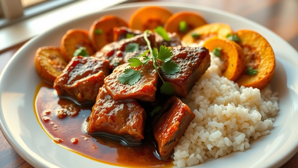 hero: Haitian griot plated on white dish with caramelized pork pieces glistening in sauce, surrounded by fried plantains and white rice, fresh cilantro garnish, warm golden lighting from window, no text or watermarks, appetizing and professional
