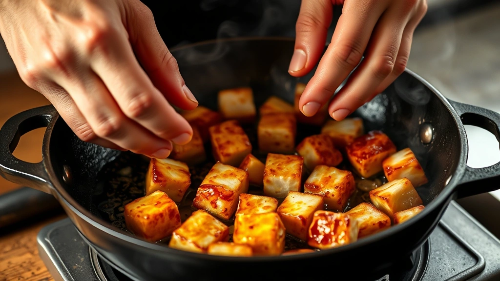 process: hands searing golden-brown pork cubes in cast iron skillet with oil, steam rising, close-up action shot showing caramelization and texture, natural daylight, no text or watermarks, dramatic cooking moment