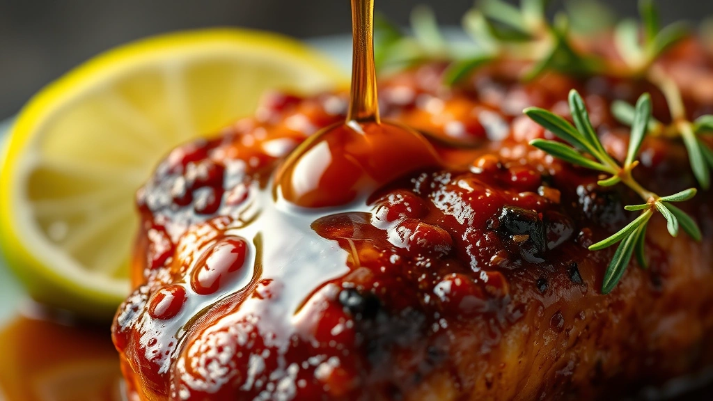 detail: close-up macro shot of single piece of griot with glossy caramelized exterior, sauce dripping, fresh thyme leaves and lime wedge beside it, shallow depth of field, warm natural light, no text or watermarks, appetizing and luxurious