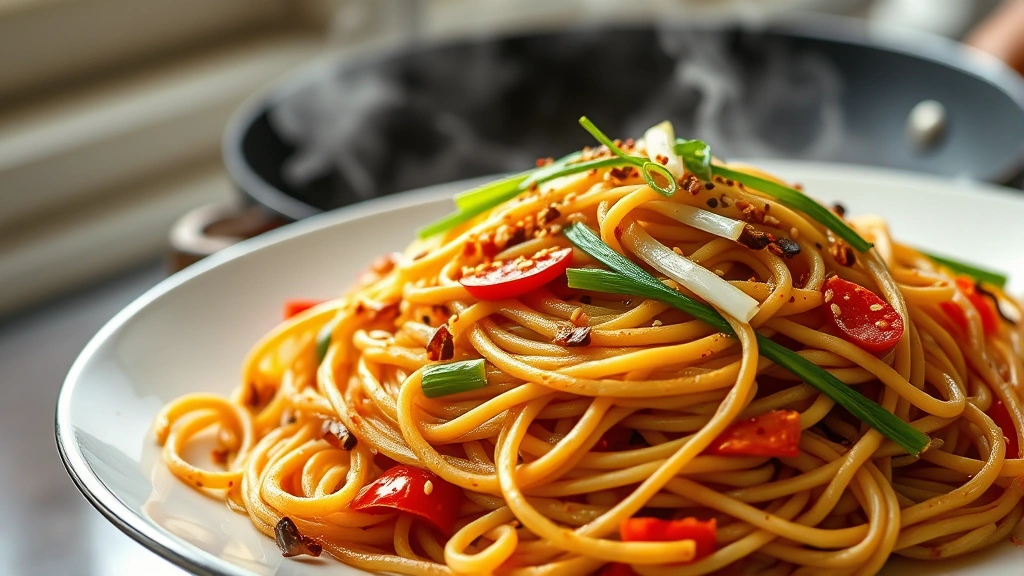 hero: steaming plate of hakka noodles with charred edges, spring onions and sesame seeds on top, vibrant bell peppers and carrots visible, wok in background, photorealistic, natural window light, no text