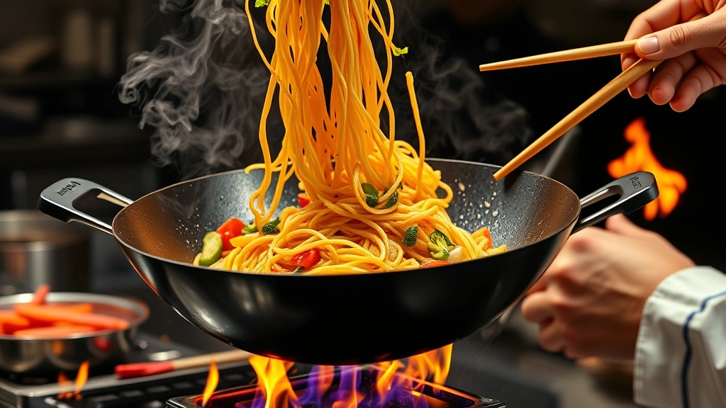 process: wok with noodles being tossed high in the air, vegetables in motion, flames visible, chef's hands with chopsticks, photorealistic, professional kitchen lighting, no text