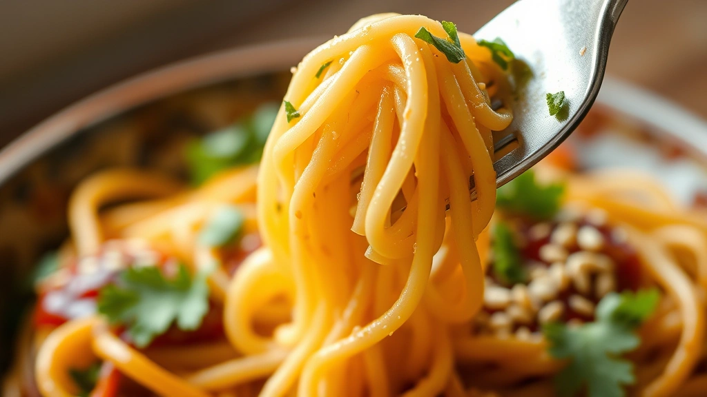 detail: close-up of fork twirling crispy hakka noodles, glossy sauce coating, sesame seeds and cilantro garnish in focus, depth of field, photorealistic, warm natural light, no text