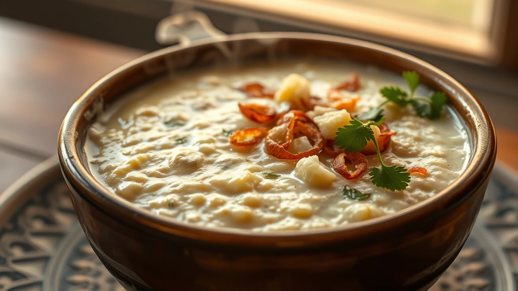 hero: steaming bowl of haleem with fried onions and cilantro garnish, creamy porridge-like texture, warm golden lighting, served in traditional ceramic bowl, photorealistic, natural window light, no text