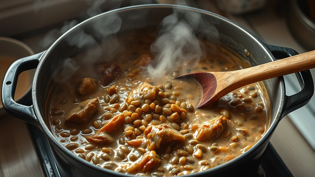 process: large Dutch oven with haleem simmering, showing meat pieces and lentils in creamy sauce, steam rising, wooden spoon stirring, photorealistic, kitchen counter lighting, no text