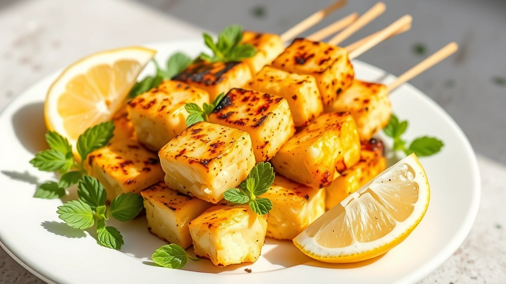 hero: golden crispy halloumi cheese skewers with charred edges on white ceramic plate, garnished with fresh mint and lemon wedges, Mediterranean style, photorealistic, natural sunlight from left, no text
