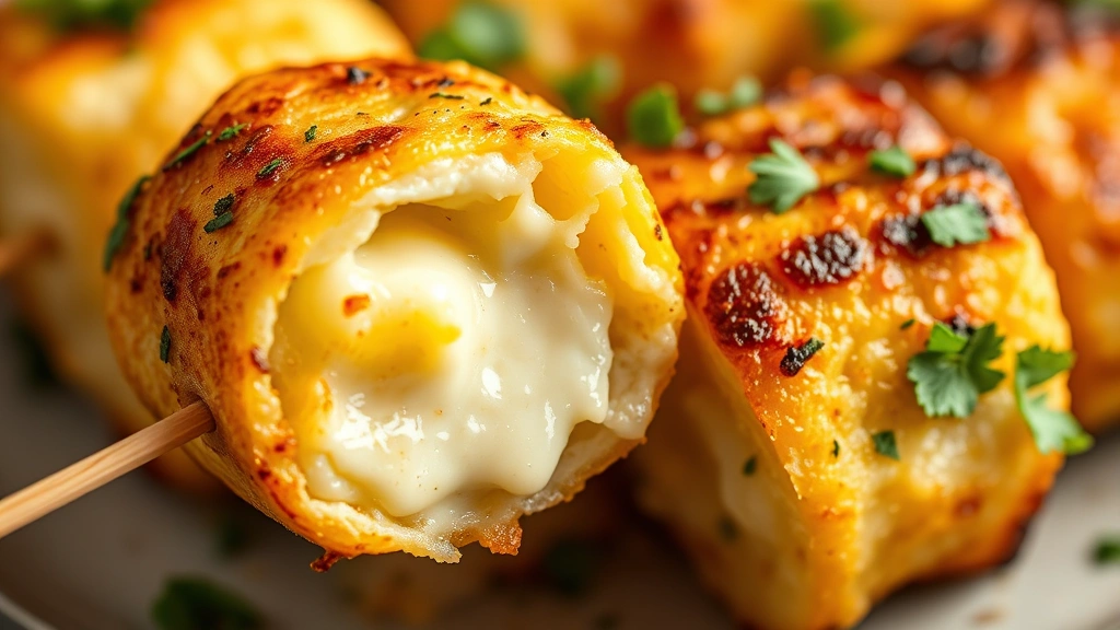 detail: close-up of crispy halloumi skewer cross-section showing melted creamy interior and golden charred exterior, fresh herbs garnish, photorealistic, shallow depth of field, natural light, no text