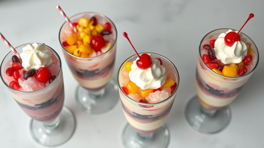 hero: overhead shot of four completed halo halo desserts in tall clear glasses showing colorful layers of shaved ice, ube, red beans, corn, fruits, topped with vanilla ice cream and maraschino cherries, vibrant Filipino street food aesthetic, natural daylight, cool tones, no text or watermarks