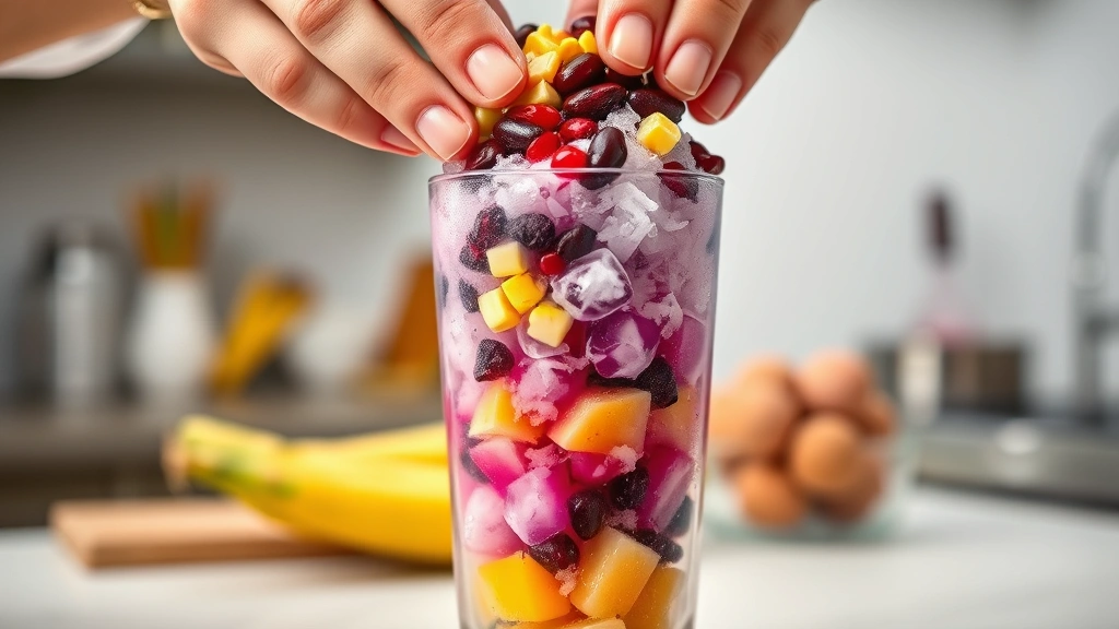 process: close-up of hands layering ingredients into tall glass, showing shaved ice, purple ube, red beans, corn, and tropical fruits being carefully arranged, bright kitchen lighting, no text or watermarks