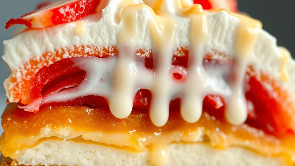 detail: extreme close-up of finished halo halo cross-section showing distinct layers of all ingredients with melting vanilla ice cream and condensed milk drizzle, shallow depth of field, studio lighting, no text or watermarks