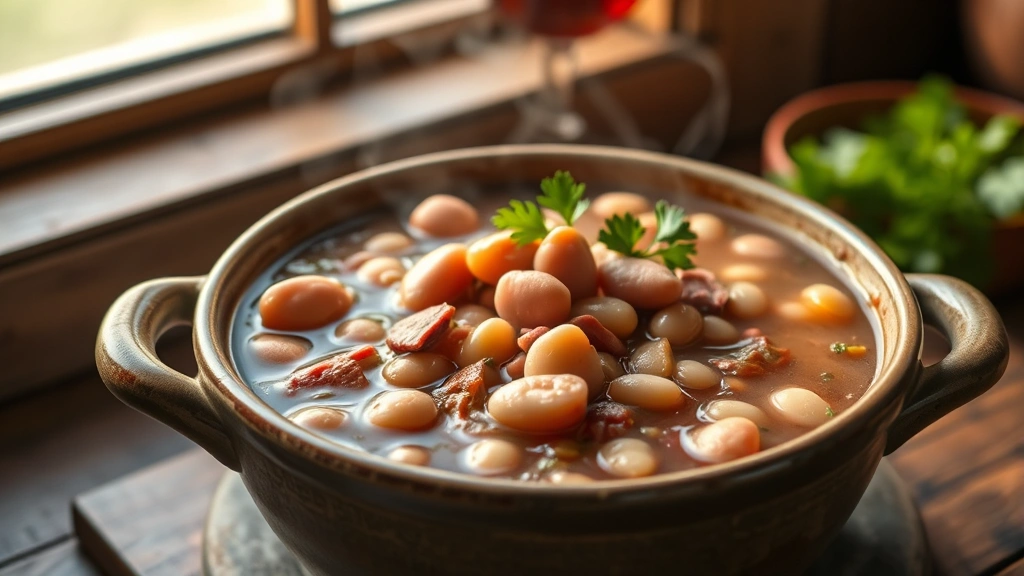 hero: steaming bowl of ham and beans with tender beans in rich broth, garnished with fresh parsley, rustic ceramic bowl, warm natural window light, cozy farmhouse style