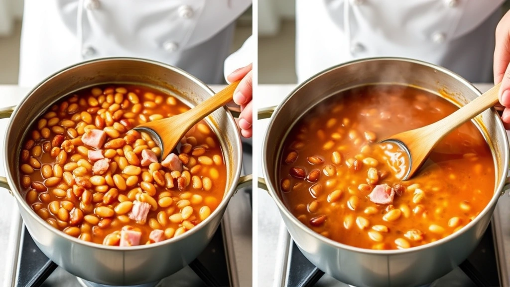process: chef stirring large pot of simmering ham and beans, showing tender beans and ham in golden broth, steam rising, natural kitchen light, wooden spoon