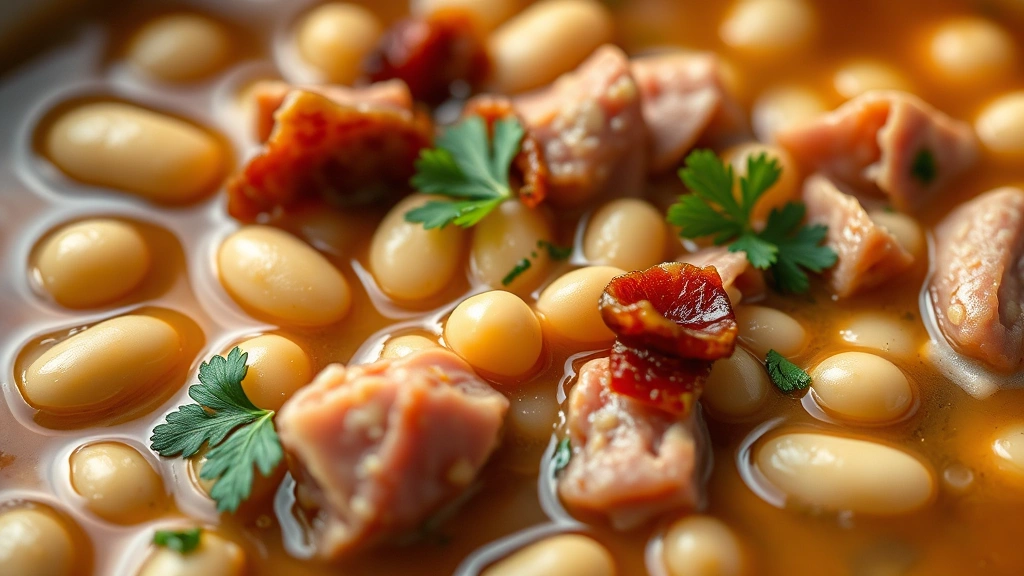 detail: close-up of creamy beans and chunks of ham in rich broth, garnished with bacon bits and fresh parsley, shallow depth of field, warm golden tones