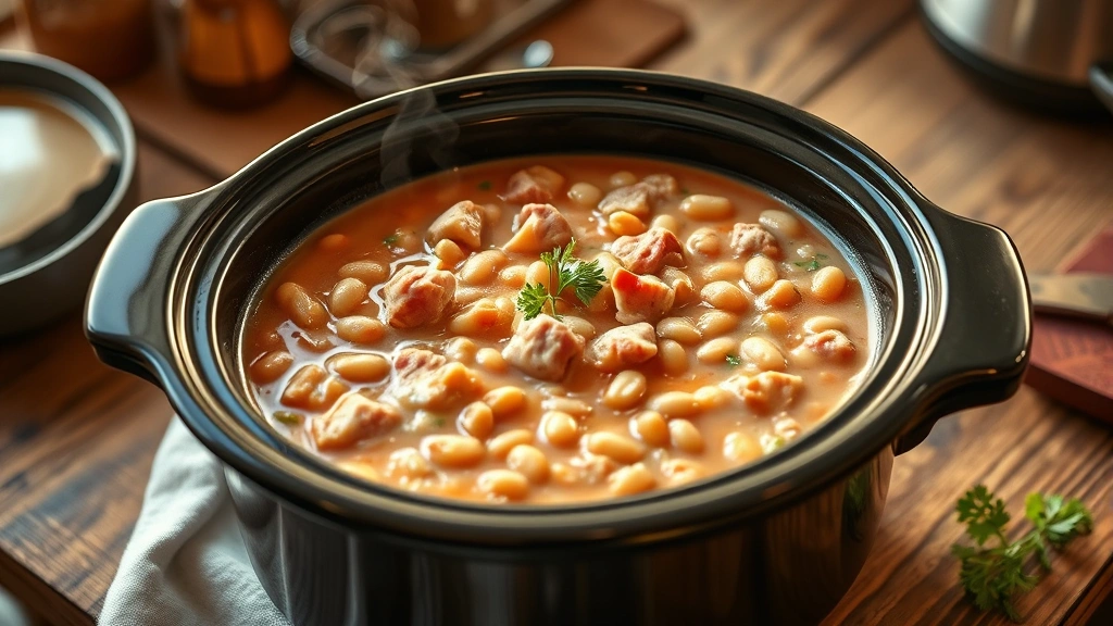 hero: steaming crock pot of ham and beans with ham chunks and creamy beans visible, warm golden lighting, rustic wooden table, fresh parsley garnish, cozy kitchen setting, photorealistic, natural daylight, no text