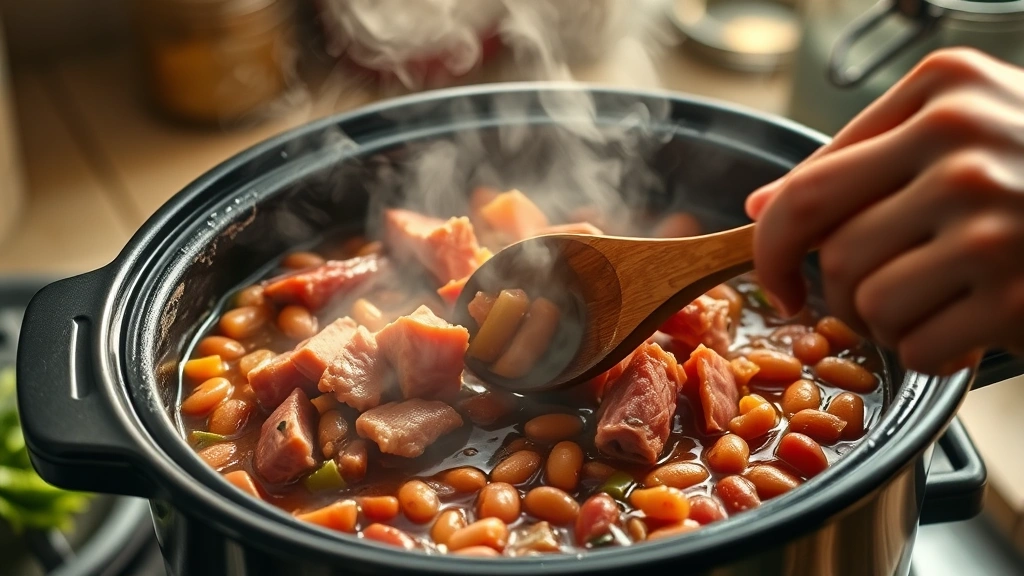 process: hands stirring ham and beans in slow cooker with wooden spoon, vegetables and ham visible, steam rising, warm kitchen lighting, photorealistic, natural light, no text