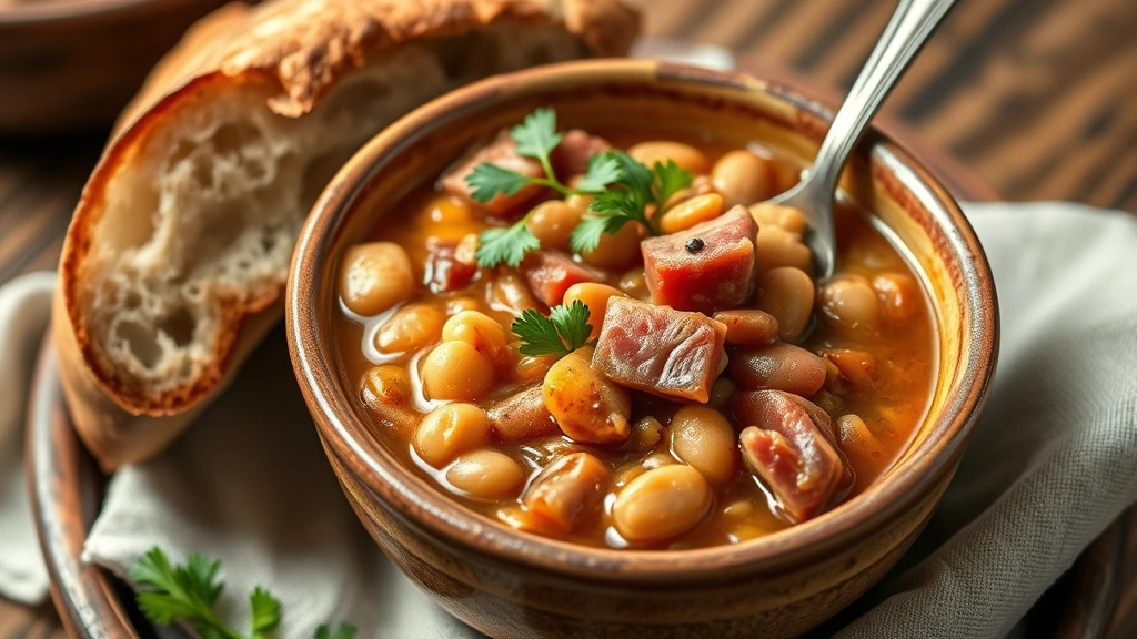 detail: close-up of individual bowl of ham and beans with crusty bread beside it, fresh parsley on top, spoon in bowl, warm lighting, rustic ceramic bowl, photorealistic, natural light, no text