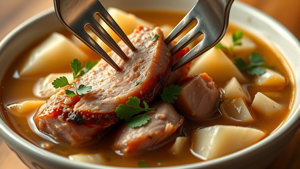 hero: steaming bowl of ham and cabbage with tender meat and soft cabbage wedges in rich broth, garnished with fresh parsley, photorealistic, warm natural light, close-up detail of fork piercing ham, no text