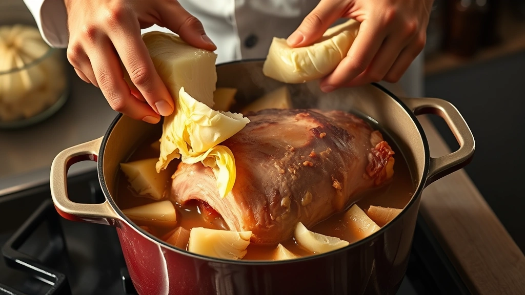 process: chef's hands placing cabbage wedges into pot of simmering broth around ham, steam rising, Dutch oven visible, photorealistic, natural kitchen light, no text
