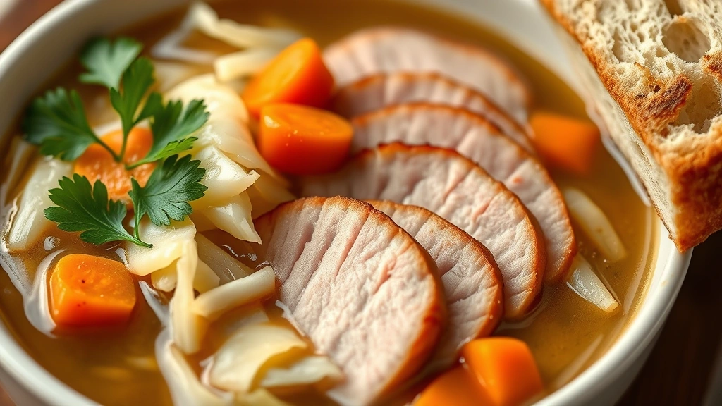 detail: close-up of sliced ham with cabbage and carrots, broth glistening, fresh parsley garnish, crusty bread beside bowl, photorealistic, warm natural light, shallow depth of field, no text