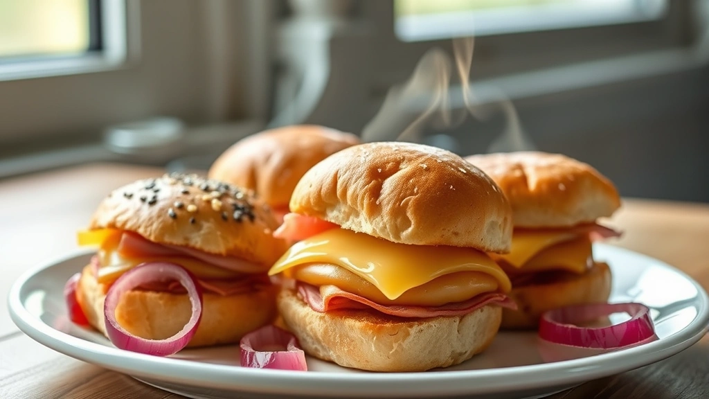 hero: golden-brown ham and cheese sliders on a white plate with pickled red onions visible, steam rising, photorealistic, natural window light, no text