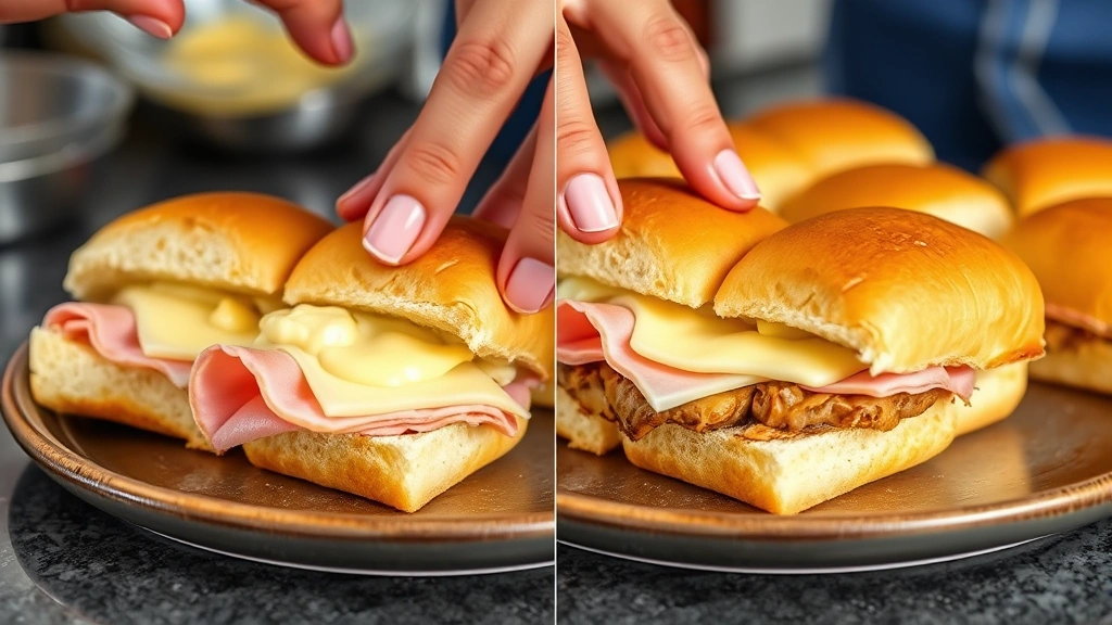 process: hands assembling slider with ham and cheese between soft buns, butter mixture visible, photorealistic, bright kitchen lighting, no text