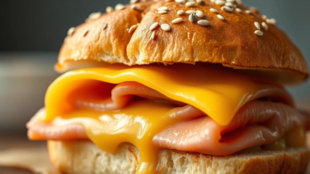 detail: close-up cross-section of melted cheese draped over ham inside toasted slider bun with poppy seeds on top, photorealistic, natural light, no text