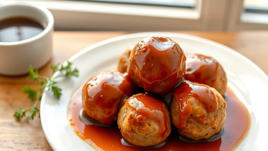 hero: golden-brown ham balls glazed with shiny brown sauce on white plate, photorealistic, natural window light, overhead angle, no text