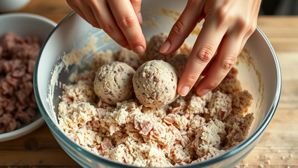 process: hands forming ham ball mixture in large bowl with breadcrumbs and ground ham visible, photorealistic, warm kitchen lighting, no text